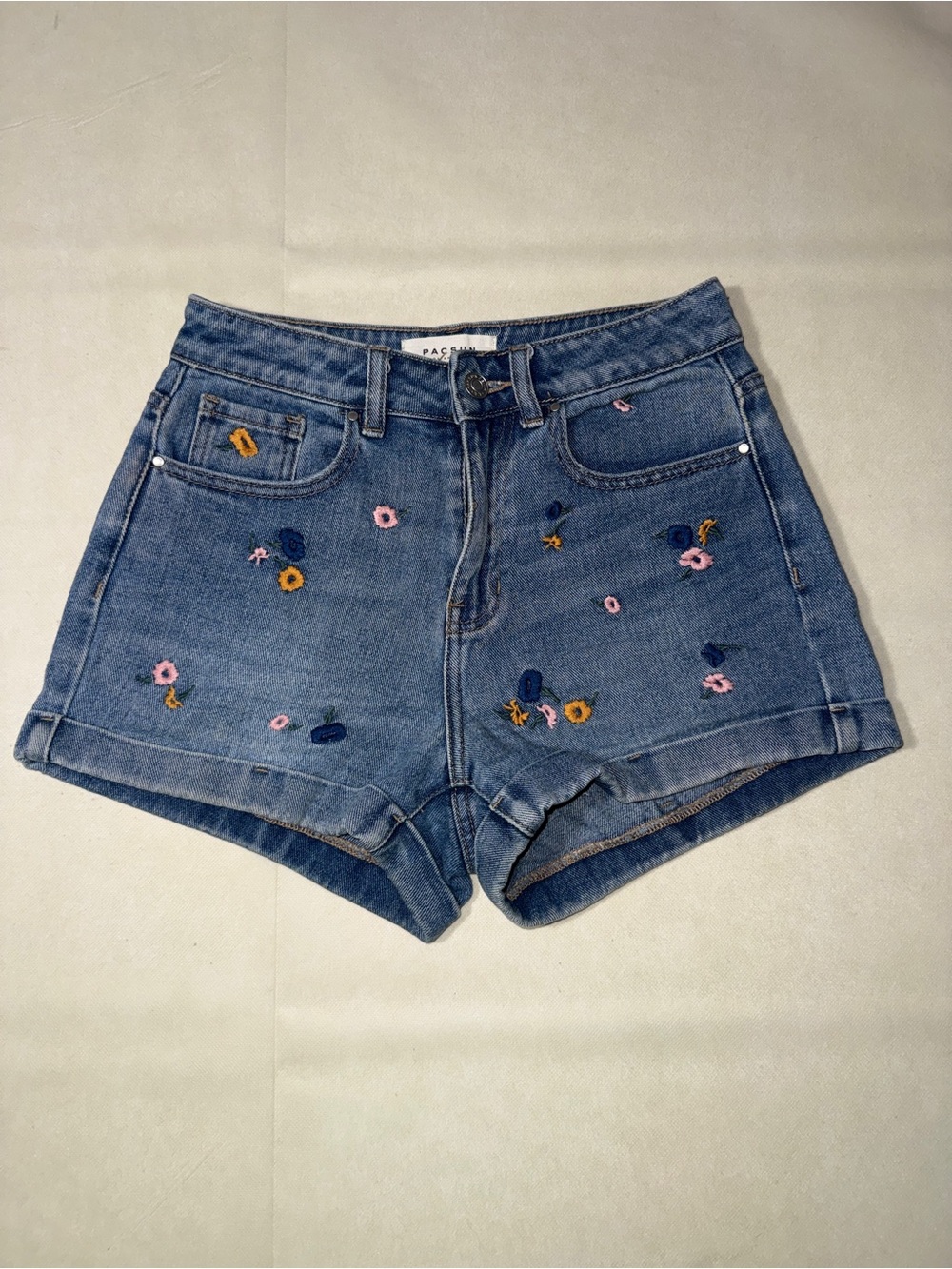 PacSun Blue Denim High-Rise Embroidered Floral Shorts